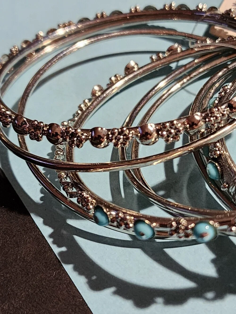 World Market L/XL Metal Bangle Bracelets 9 Pieces In Colors Silver And Sky Blue